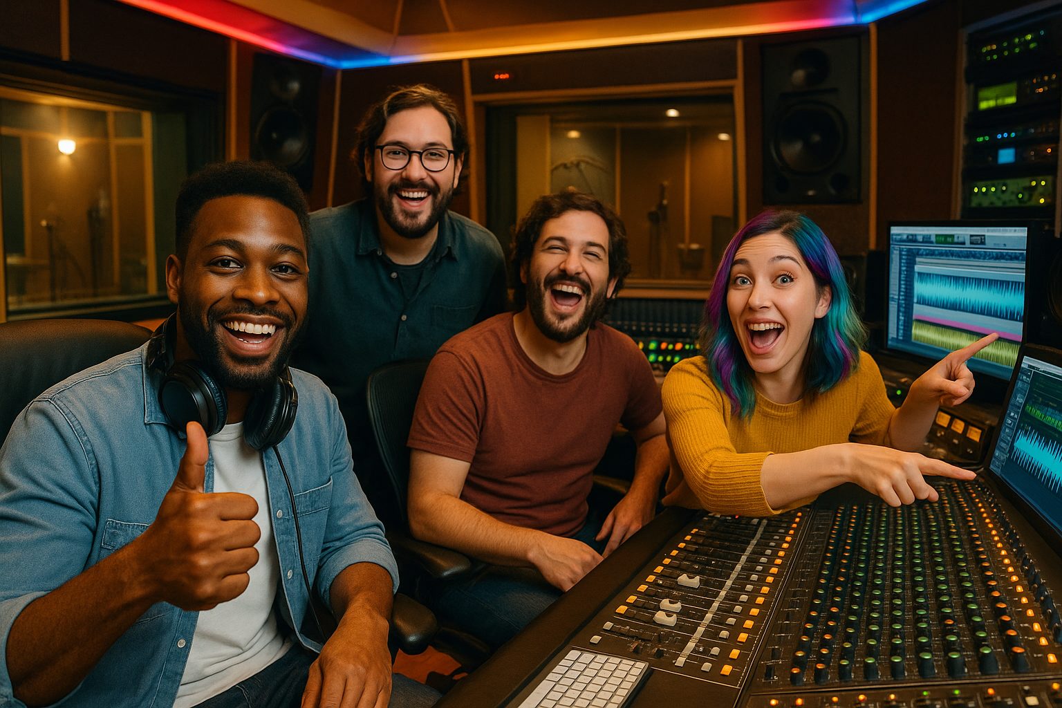 Musicians celebrating in a recording studio