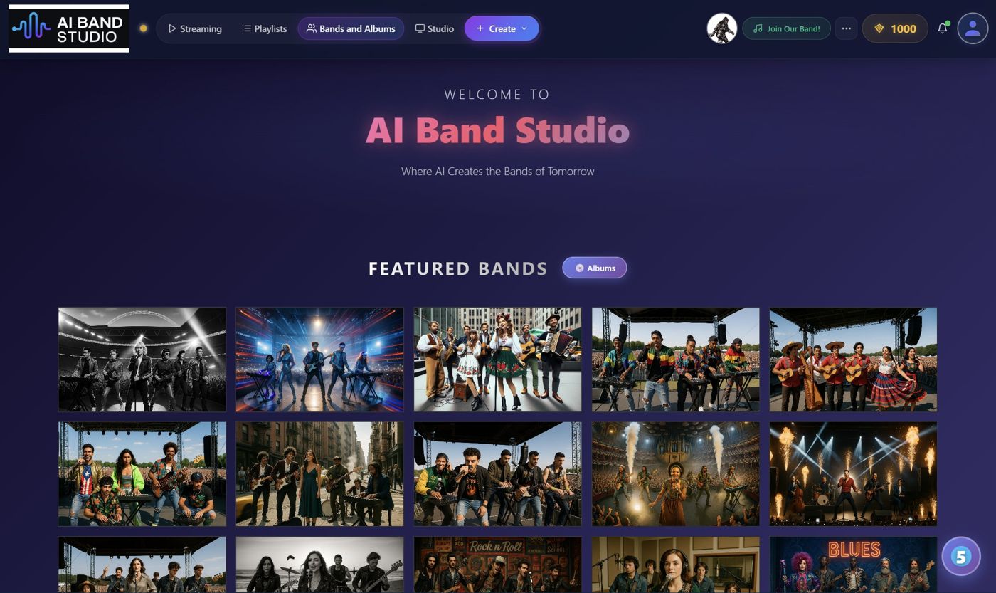 AI Band Studio featured bands grid