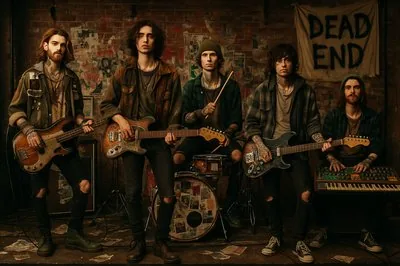 Garage punk band in a graffiti-covered room under a Dead End sign