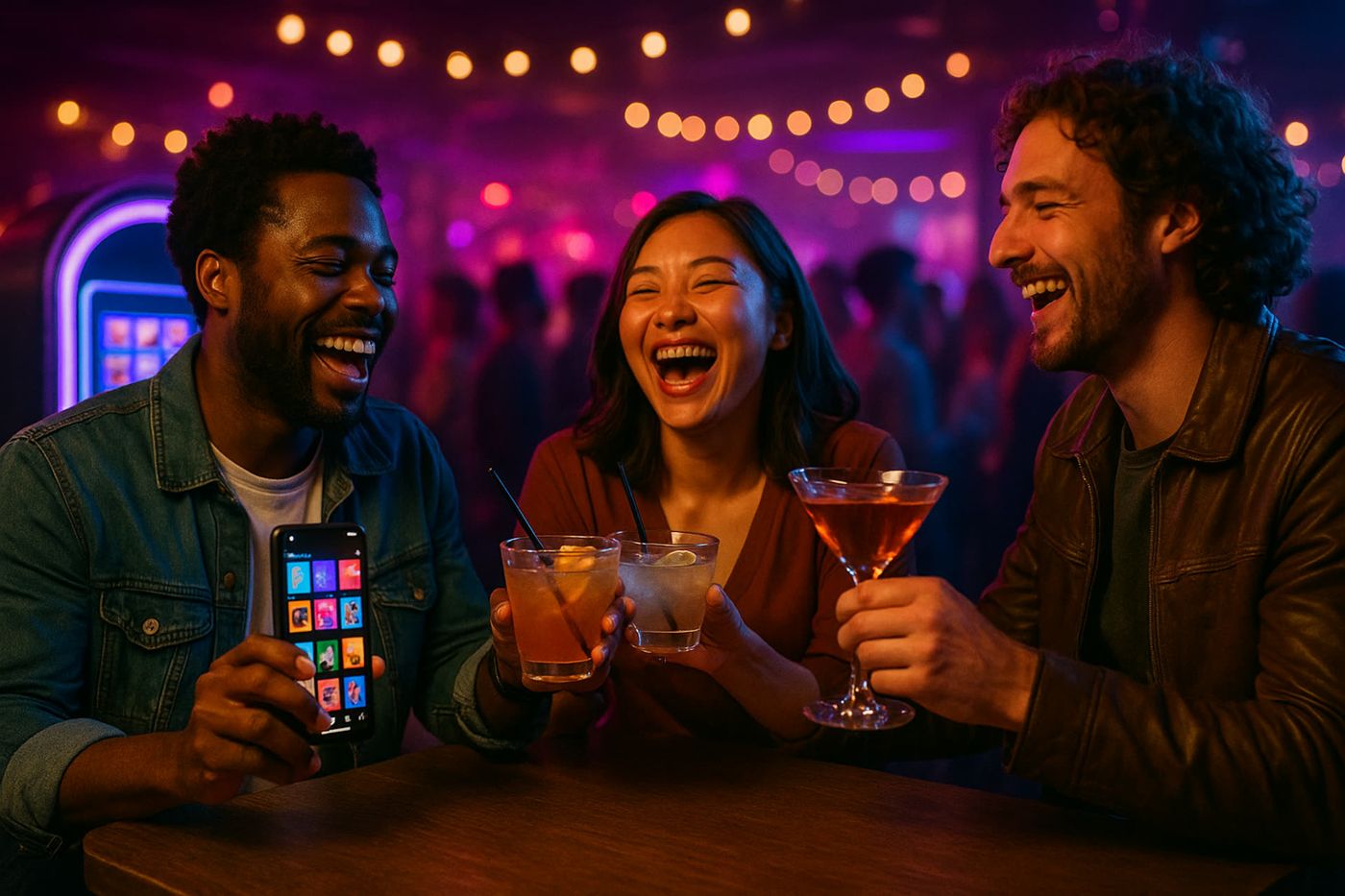 Friends at a bar queueing songs on JukeFlow