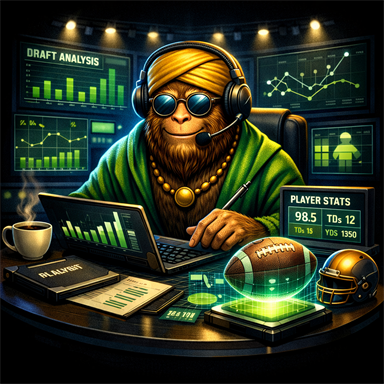 The Squatchy Picks draft guru at a desk of analytics dashboards