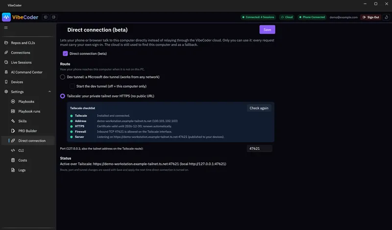 VibeCoder desktop app, Settings, Direct connection page with a setup checklist