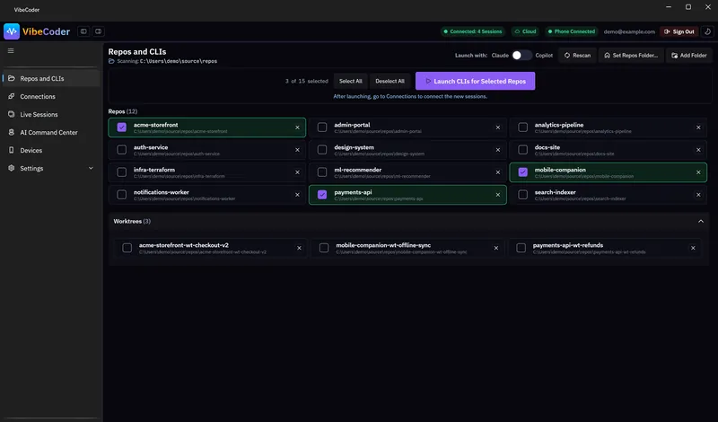 VibeCoder desktop app, Repos and CLIs page with repo cards in three columns