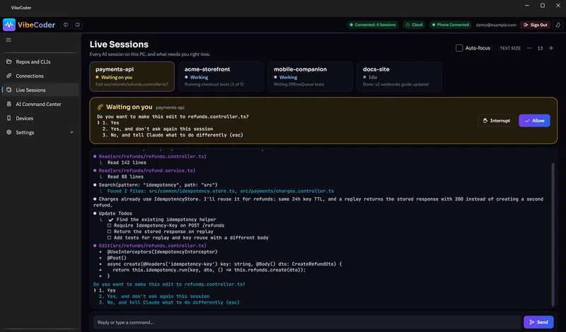 VibeCoder desktop app, Live Sessions page: every Claude Code session on the PC in one list