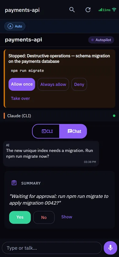 VibeCoder on a phone: Autopilot has stopped a database migration and asks you to allow once, always allow or deny