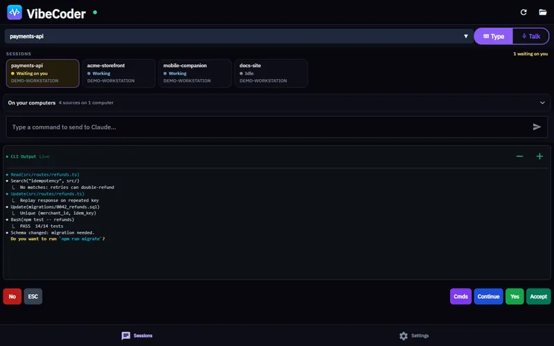 VibeCoder web app in a desktop browser: the session list