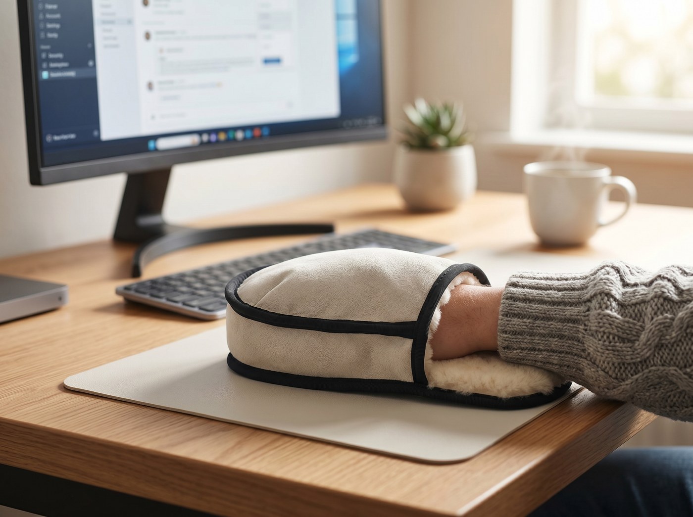 The Original Mouse Mitten sheepskin wrist rest on a desk