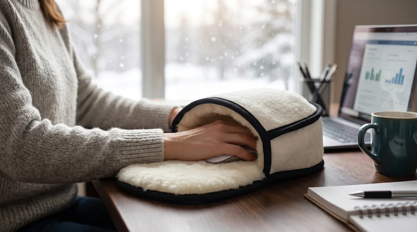 Mouse Mitten on a winter morning desk